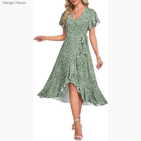 Dresses & Skirts - Summer Midi Dress Wrap V-Neck Flutter Sleeve Ruffle Slit Formal